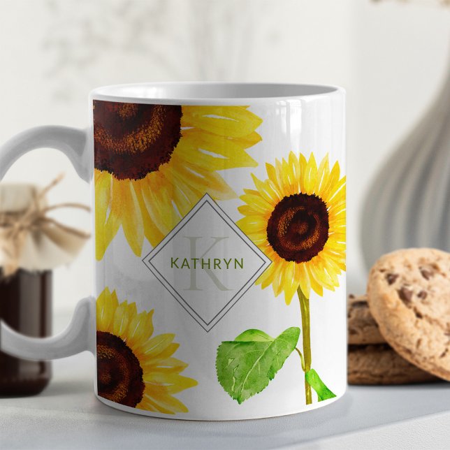 Mug Fleurs de soleil jaunes illustrées Monogramme (Créateur téléchargé)