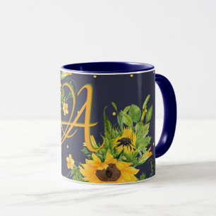 Mug Fleurs de soleil monorgammées Décor bleu jaune mod