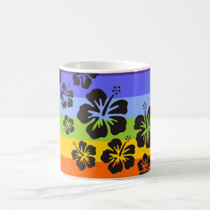 Mug fleurs d'hibiscus en noir   bandes colorées