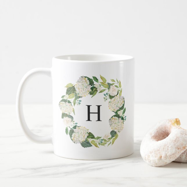 Mug Fleurs d'Hydrangée Blanche Monogramme de couronne (Avec donut)
