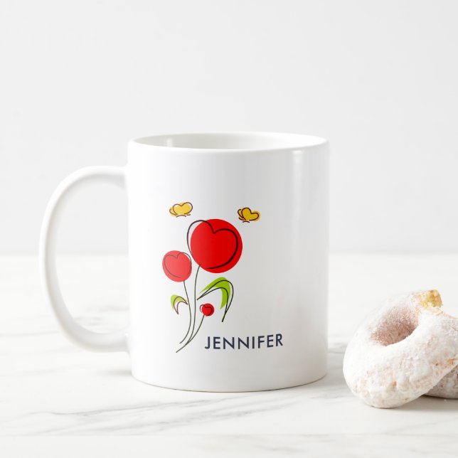 Mug Fleurs du Coeur Rouge mignonnes et papillons jaune (Avec donut)
