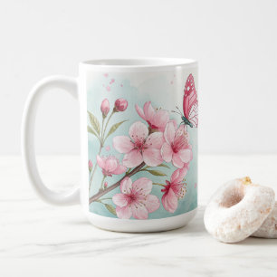 Mug Fleurs élégantes de cerisier rose et papillon