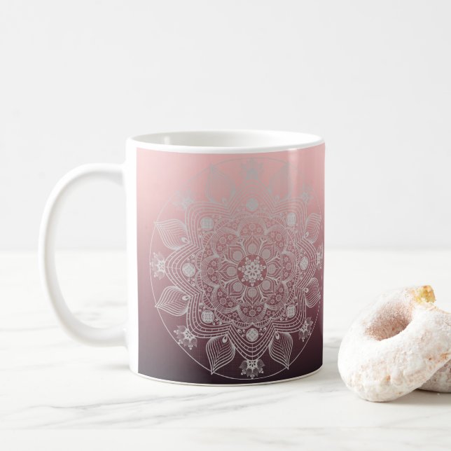 Mug Fleurs, Feuilles, Dentelle Blanche Floral Mandala  (Avec donut)