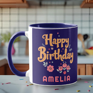 Mug Fleurs Florales Joyeux Anniversaire Handlettering