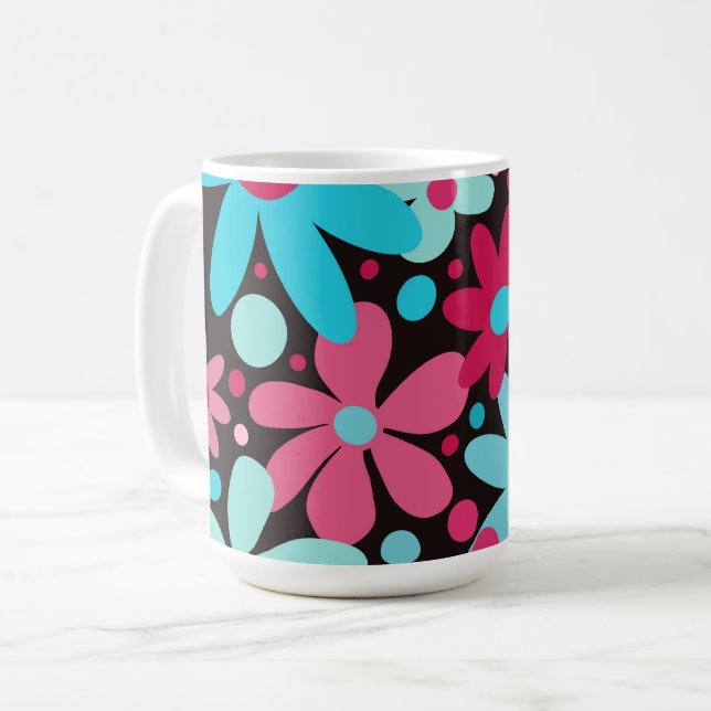 Mug Fleurs funky bleu et rose (Devant gauche)
