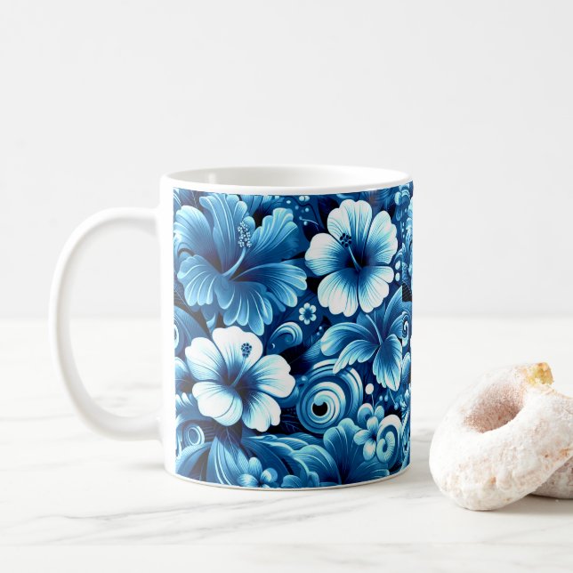 Mug Fleurs hawaïennes tropicales Hibiscus Motif bleu (Avec donut)