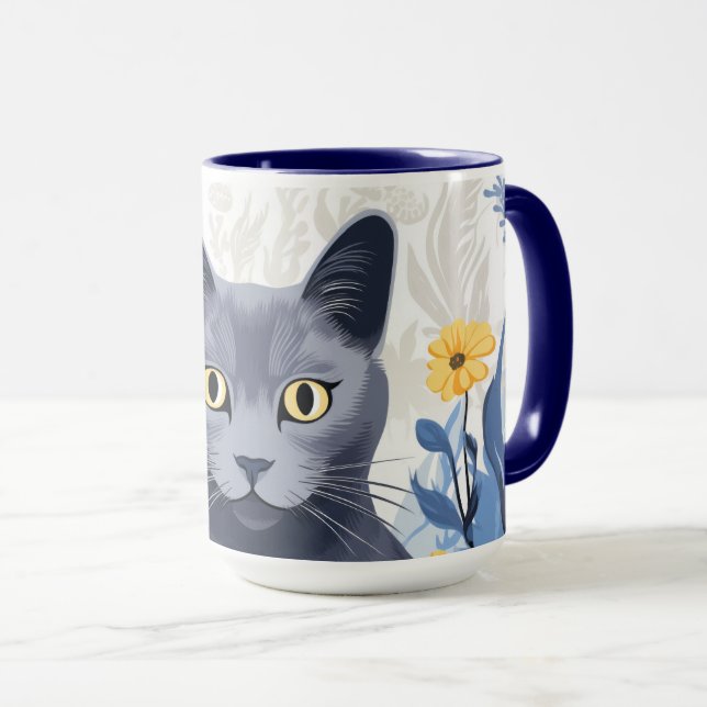 Mug Fleurs Jaunes Chat Bleu Russe (Devant droit)