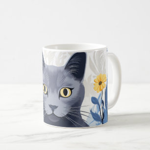 Mug Fleurs Jaunes Chat Bleu Russe