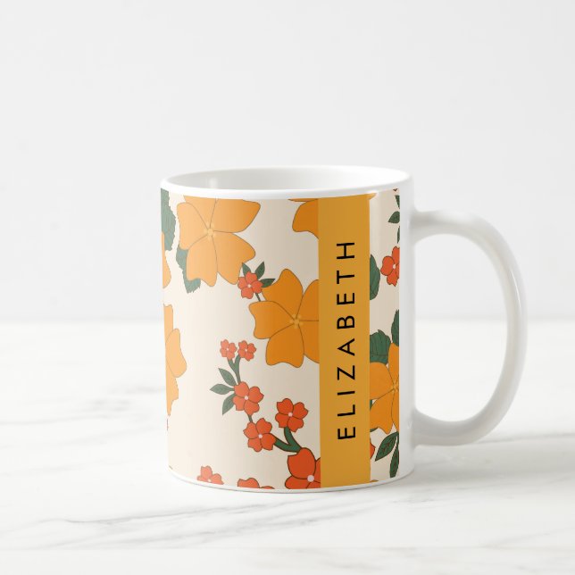 Mug Fleurs Oranges, Motif De Fleurs, Votre Nom (Droite)