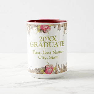Mug Fleurs personnalisées blanc et or, remise de diplô