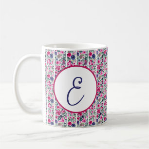 Mug fleurs rose et bleu et rayures blanches monogramme