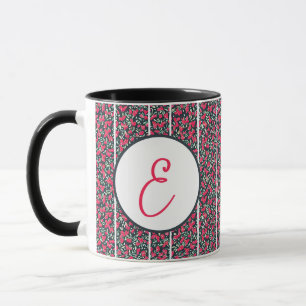 Mug Fleurs roses abstraites et monogramme à rayures bl
