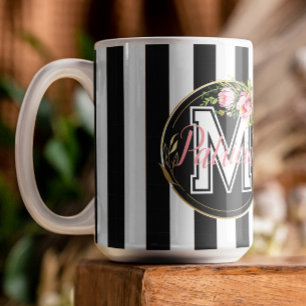 Mug Fleurs roses brodées sur fond de rayures noires et