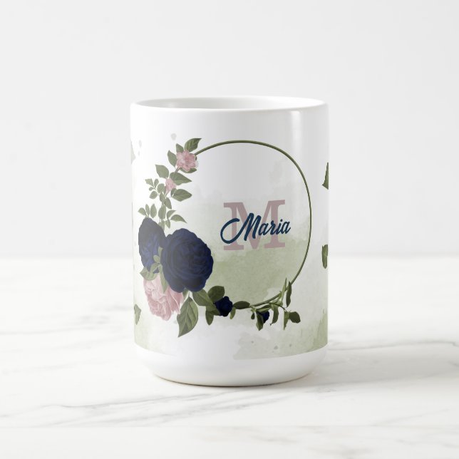 Mug fleurs roses et bleu marine monogramme (Centre)