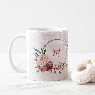 Mug fleurs roses feuilles vertes