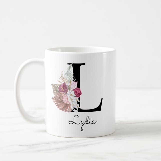Mug Fleurs roses initiales L monogrammées (Gauche)