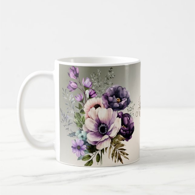 Mug Fleurs Roses Violettes Élégantes Dorées (Gauche)