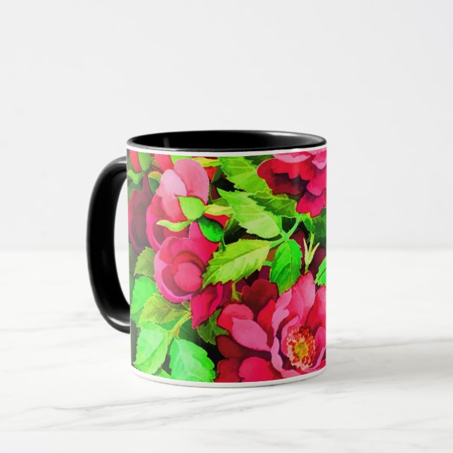 Mug Fleurs rouges Peinture Feuille verte (Devant gauche)