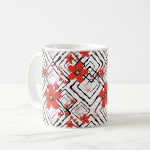 Mug Fleurs rouges sur fond blanc et noir.