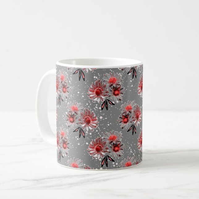 Mug Fleurs rouges sur gris (Devant gauche)