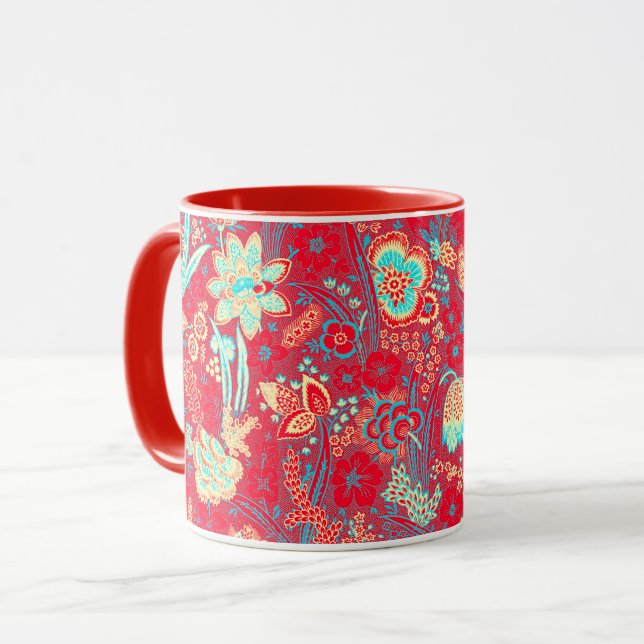 MUG FLEURS SAUVAGES BLANCHES BLEU ROUGE TULIPES, FEUIL (Devant gauche)