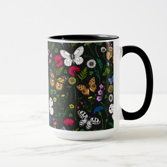 Mug Fleurs sauvages et papillons sur le noir (Droite)