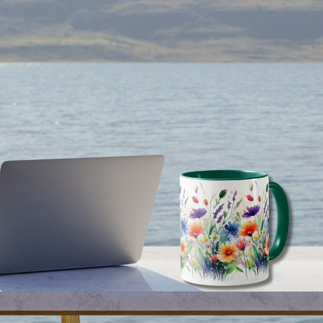 Mug Fleurs sauvages Floral Aquarelle Boho Cadeau pour  (Watercolor Wildflowers on a colored handle coffee mug. Choose from many different colored handles)