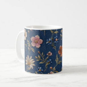 Mug Fleurs sauvages simples brodées sur fond de denim