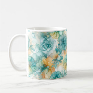 Mug Fleurs turquoises et jaunes Illustration de l'encr
