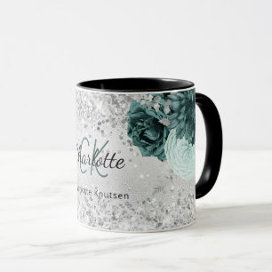 Mug Fleurs vert argent élégant nom monogramme