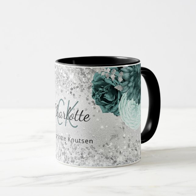 Mug Fleurs vert argent élégant nom monogramme (Devant droit)