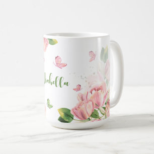 Mug fleurs vertes papillons rose chaud