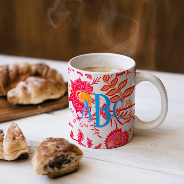 Mug Fleurs Vintages Monogram Preppy | Rose et orange (Créateur téléchargé)