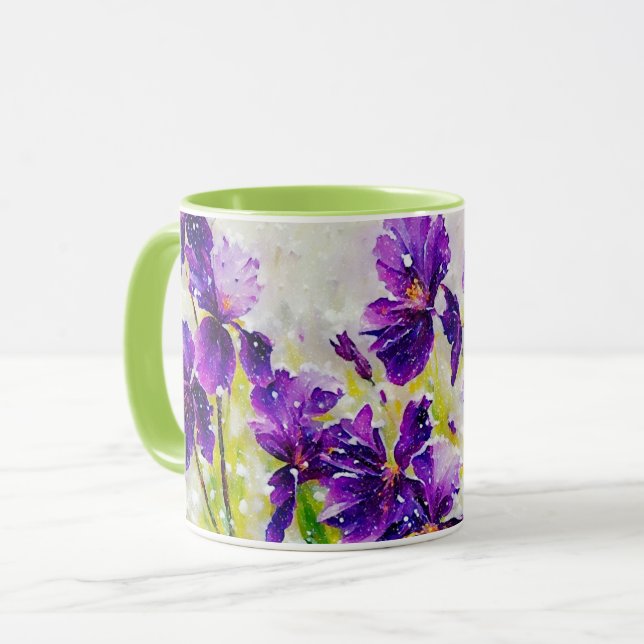 Mug Fleurs violettes et boue d'art à neige printanière (Devant gauche)