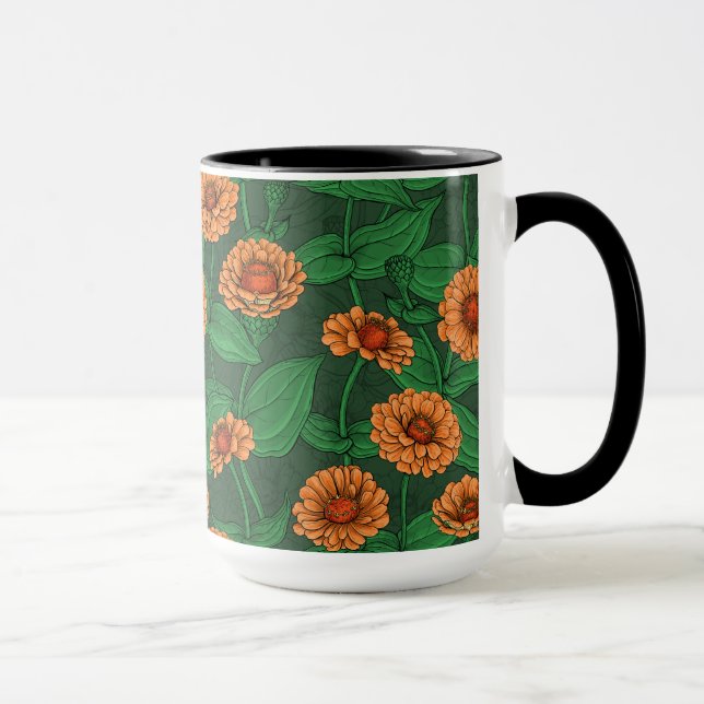 Mug Fleurs Zinnia orange, feuilles verts sur vert fonc (Droite)