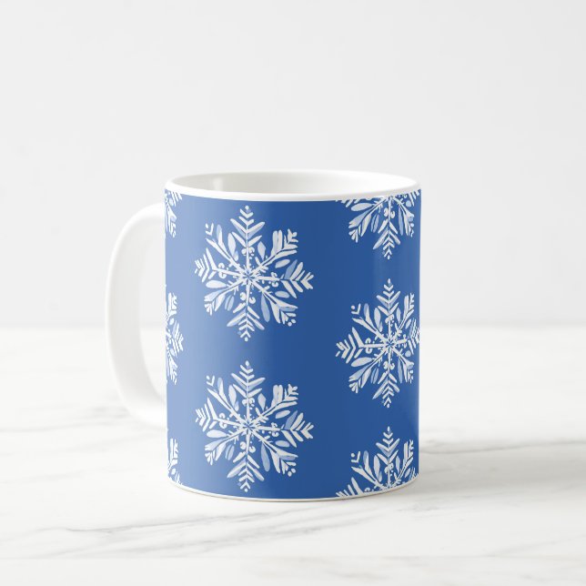 Mug Flocon de neige blanc sur le Motif de Noël bleu (Devant gauche)