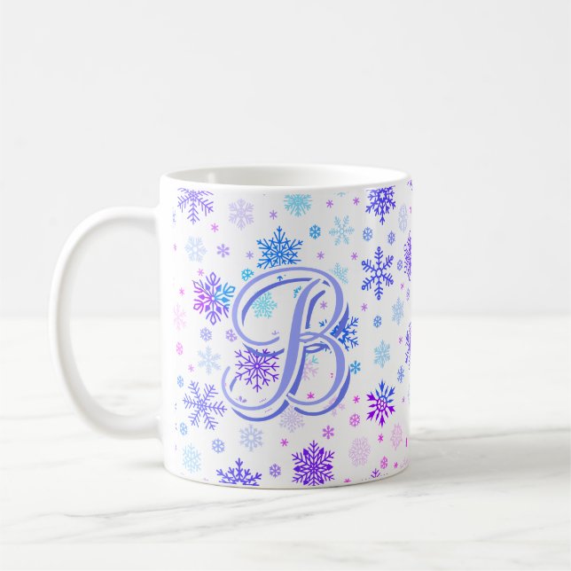 Mug Flocon de neige Pastel rose et bleu élégant Monogr (Gauche)