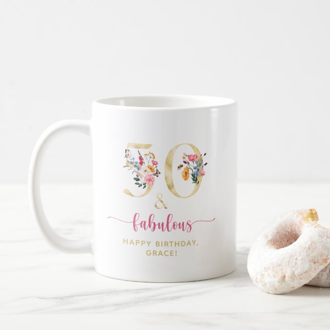 Mug Floral 50 et Fabulous Birthday Gold and Pink (Avec donut)