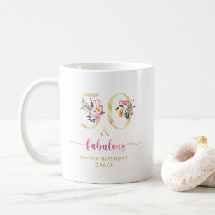 Mug Floral 50 et merveilleux anniversaire or et rose