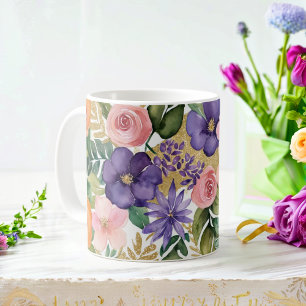 Mug floral aquarelle avec accents dorés
