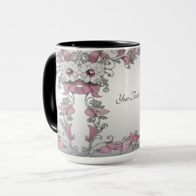 Mug floral blanc argenté rose (Devant gauche)