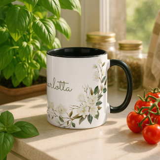 Mug floral blanc personnalisé, nom personnalisé él