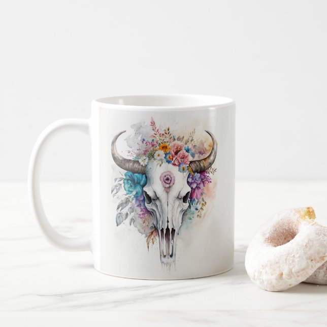 Mug Floral Bull Skull Watercolor Art (Avec donut)