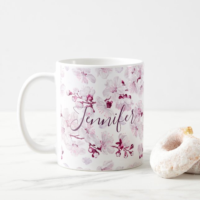 Mug Floral Cerisier Fleur Sakura Nom personnalisé Fill (Avec donut)