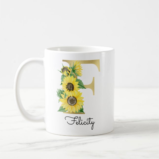Mug Floral de tournesol d'or monogramme F initial (Gauche)