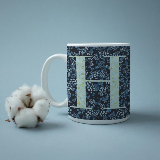 Mug Floral Elegant Classy Monogram H bleu avec phrase (Créateur téléchargé)