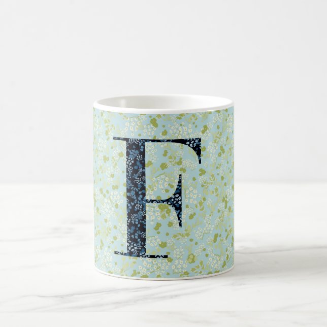 Mug Floral Elegant Classy Monogramme F bleu avec phras (Centre)