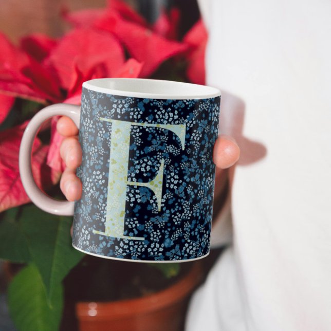 Mug Floral Elegant Classy Monogramme F bleu avec phras (Créateur téléchargé)