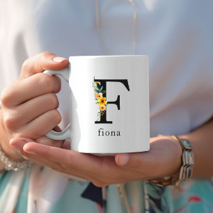 Mug Floral F monogramme avec nom modifiable