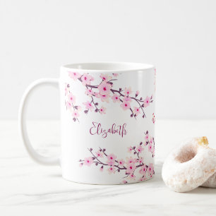 Mug Floral Fleur de cerisier Monogramme rose blanc